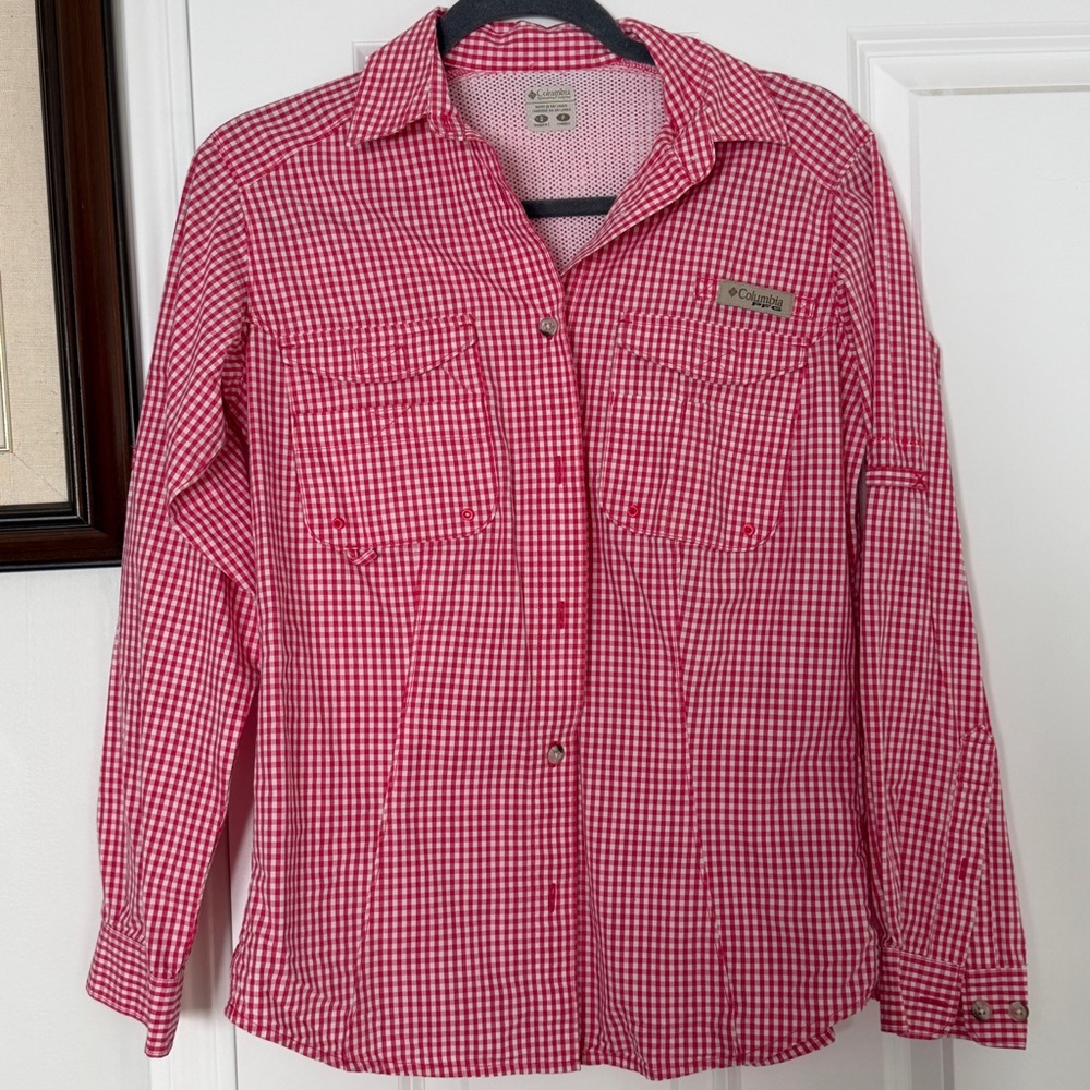 Columbia Performance Fishing Gear Red Checkered Button Down Shirt Size Small